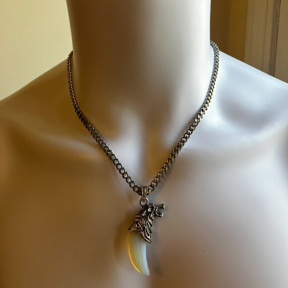 Opalite Gemstone Tusk with Men's Manly Chunky 20 inch Stainless Steel Chain NEW - Picture 3 of 12